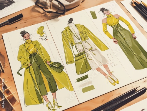 Fashion sketches scattered on a minimalist table, highlighting the elegant and modern design process, with sleek drawing tools and design references,