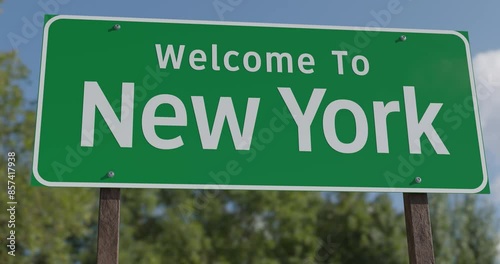 Driving By A Welcome To New York Green Road Sign Against a Blue Sky and Clouds.
