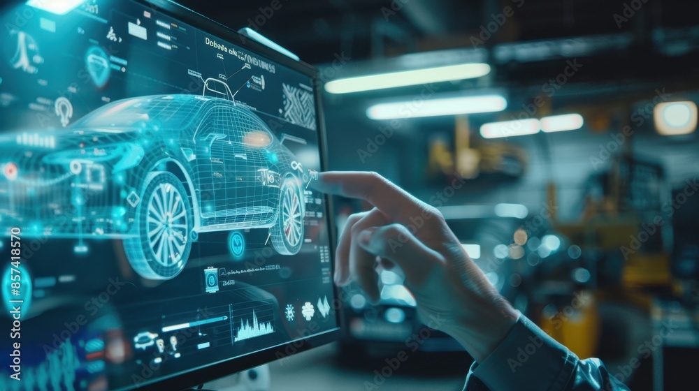 A person interacts with a computer screen displaying a digital 3D model of a car with various data overlays. A person interacts with a computer screen displaying a digital 3D model of a car with various data overlays.