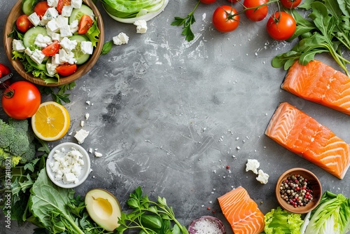 Healthy Mediterranean diet food ingredients with copy space veggies fruits salmon greens feta salad photo