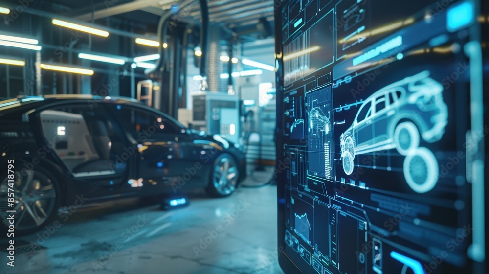 A car is being serviced in a garage with a digital display showing the car's diagnostics. A car is being serviced in a garage with a digital display showing the car's diagnostics.
