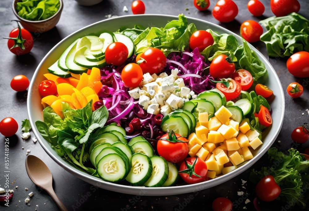 vibrant salad bowl from aerial view fresh colorful ingredients circular arrangement, healthy, vegetable, lettuce, tomato, cucumber, onion, bell, pepper