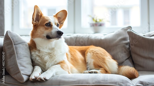 Pet dog comfortably lying on sofa cushions in a bright Scandinavian minimalist interior © Creative artist1