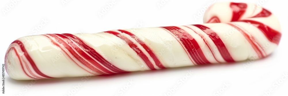 Fototapeta premium A closeup image of a traditional candy cane with red and white stripes isolated on a white background