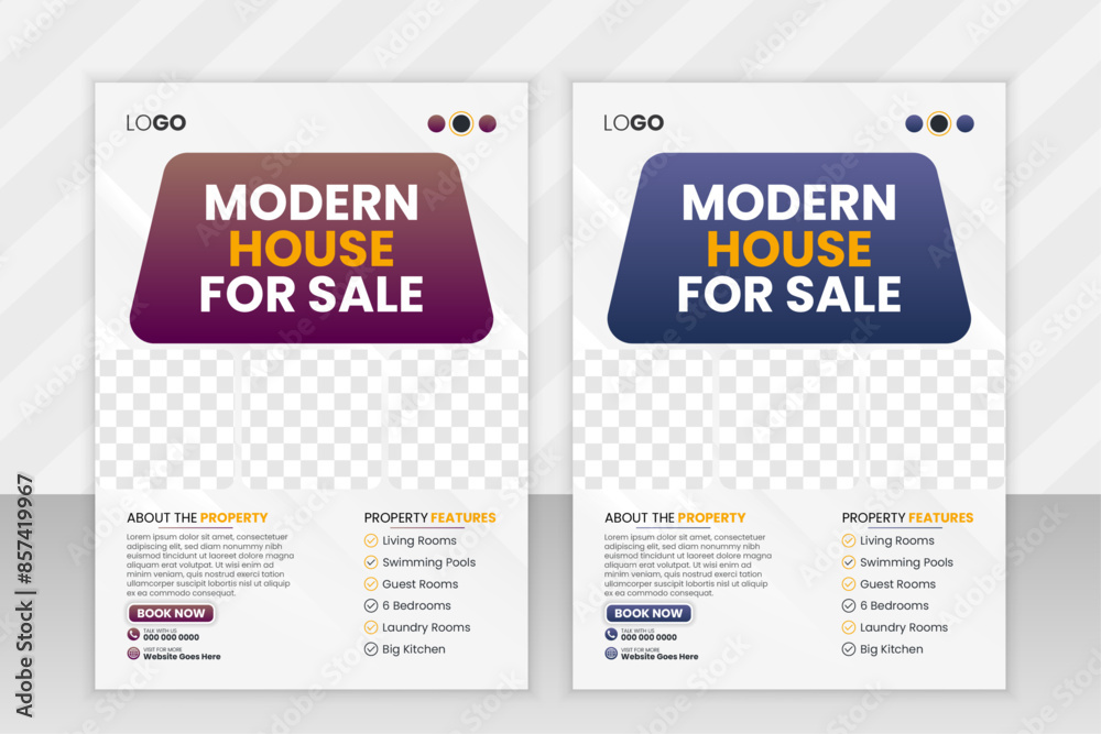 Obraz premium Real estate company flyer template design. Modern home sale poster with abstract geometric shape. Creative banner for housing or property business agency.