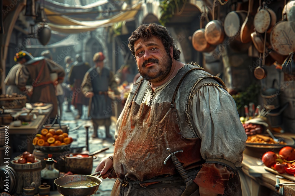 A jovial medieval cook in a bustling marketplace, surrounded by fresh produce and cookware, showcasing the vibrant atmosphere of historical trade and culinary arts.
A jovial medieval cook in a bustling marketplace, surrounded by fresh produce and cookware, showcasing the vibrant atmosphere of historical trade and culinary arts.
