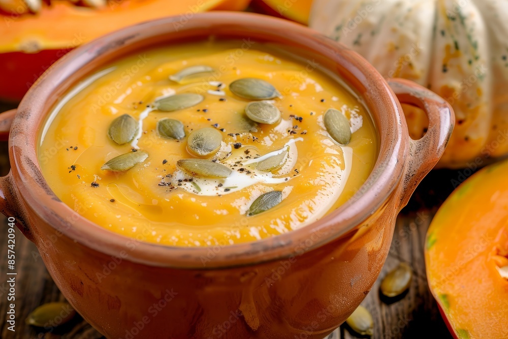 Homemade vegan pumpkin soup with cream and seeds on wooden background Homemade vegan pumpkin soup with cream and seeds on wooden background