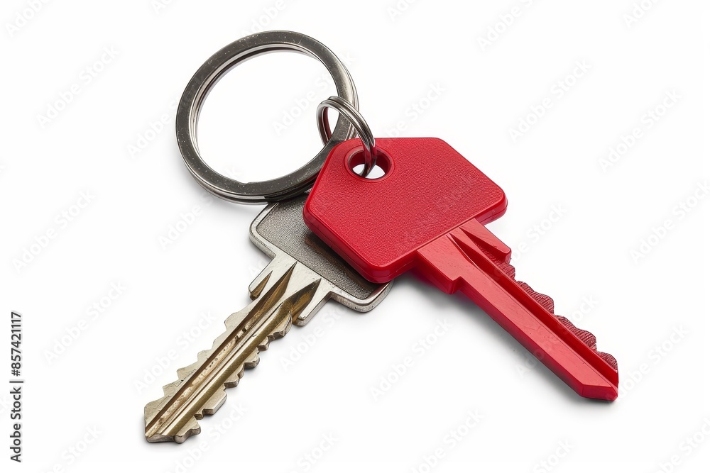 House key with keychain on white background House key with keychain on white background