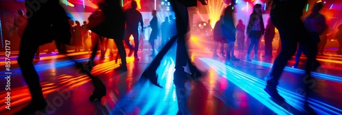 A dynamic image capturing silhouettes of people dancing joyfully on a vibrant dance floor illuminated by colorful disco lights