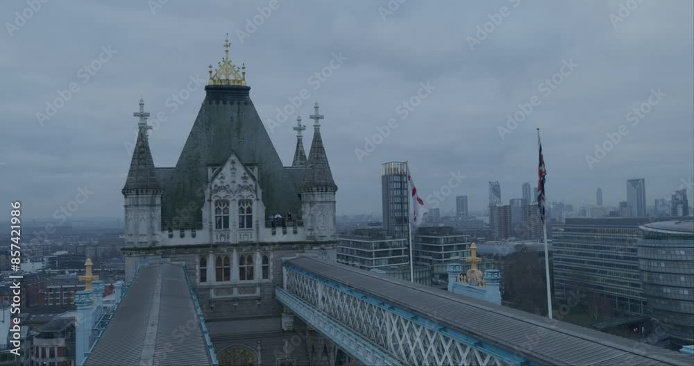 Top of London tower bridge - steady cam under overcast sky