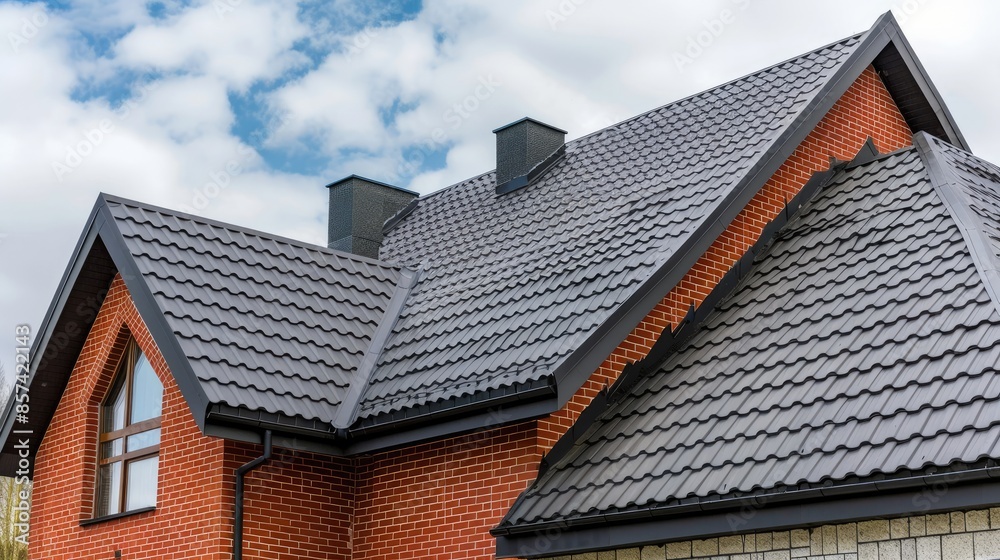 A close-up view of a gray metal roof on a house, featuring a dormer window and skylights A close-up view of a gray metal roof on a house, featuring a dormer window and skylights
