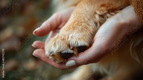 A focused shot of a hand gently holding a furry paw, reflecting the care, bond, and emotional connection between humans and pets. © Pinklife