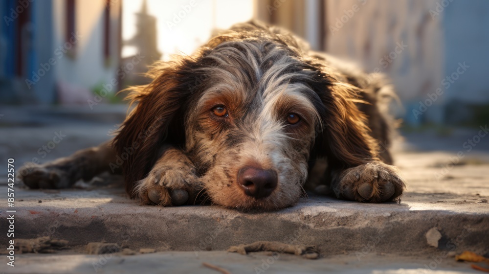 Obraz premium A contemplative street dog amid the glow of a city day, resting in peaceful solitude. Concept: helping homeless animals.