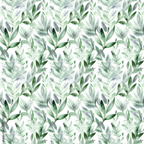 Seamless abstract watercolor pattern with green herbs on a white background. Fabric, wrapping paper. Generative AI