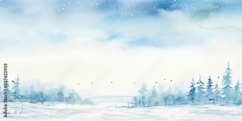 A winter landscape with snow-covered trees and a blue sky in watercolor style, conveying a sense of peace and tranquility.