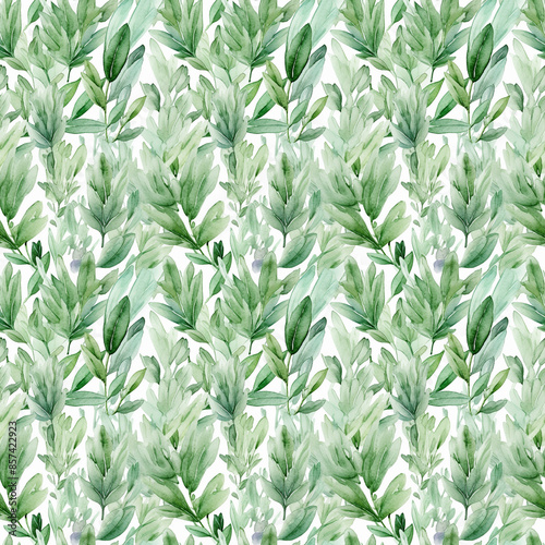 Seamless abstract watercolor pattern with green herbs on a white background. Fabric, wrapping paper. Generative AI