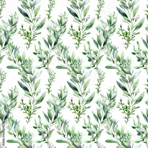 Seamless abstract watercolor pattern with green herbs on a white background. Fabric, wrapping paper. Generative AI