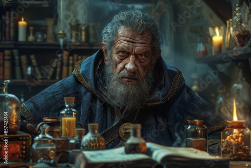 Wallpaper Mural Elderly wizard in a dimly lit room filled with books and potions, exuding wisdom and mystery, perfecting his craft.

 Torontodigital.ca