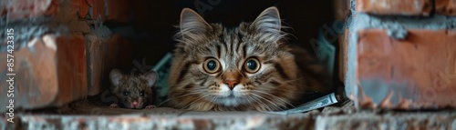 Curious brown tabby cat peeking out from a brick shelter, wide-eyed and alert, showcasing its natural curiosity and playfulness.