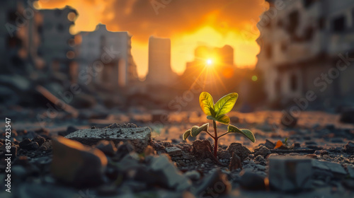 Small plant growing among ruin in war zone, seed of hope, peace and life, sunrise