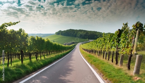 country road along the grape vineyards on the vineyard mountain in wezemaal hageland belgium photo