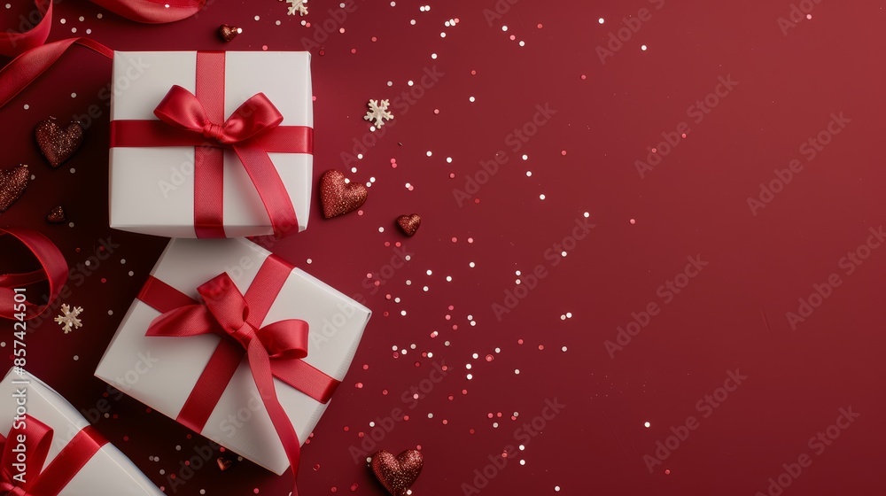 Top view Valentines Day banner, red ribboned gift boxes, hearts, and sparkling confetti on a rich red background, festive and romantic theme Top view Valentines Day banner, red ribboned gift boxes, hearts, and sparkling confetti on a rich red background, festive and romantic theme