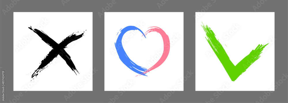The cross, heart and OK symbol are hand-drawn with a brush. Prohibition, denial, error. Love. Approval, consent. Vector, set of 3 characters The cross, heart and OK symbol are hand-drawn with a brush. Prohibition, denial, error. Love. Approval, consent. Vector, set of 3 characters