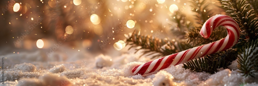 A red and white candy cane rests on snow covered pine branches, with warm, twinkling lights and falling snow in the background A red and white candy cane rests on snow covered pine branches, with warm, twinkling lights and falling snow in the background