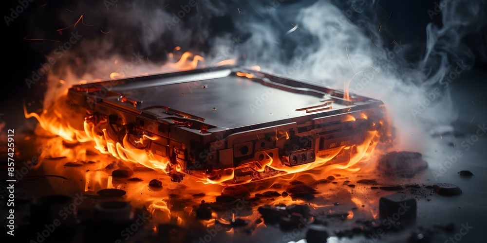 Stock image of electric car lithium battery fire illustrating thermal runaway damage. Concept Car Safety, Lithium Batteries, Thermal Runaway, Electric Vehicles, Fire Damage Stock image of electric car lithium battery fire illustrating thermal runaway damage. Concept Car Safety, Lithium Batteries, Thermal Runaway, Electric Vehicles, Fire Damage