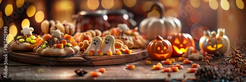 Close-up of Halloween-themed treats and decor, including candy corn, ghost-shaped cookies, and miniature jack-o-lanterns photo