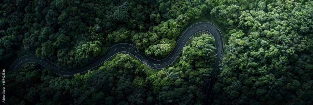 An aerial photograph capturing a winding mountain road snaking through a dense forest canopy An aerial photograph capturing a winding mountain road snaking through a dense forest canopy