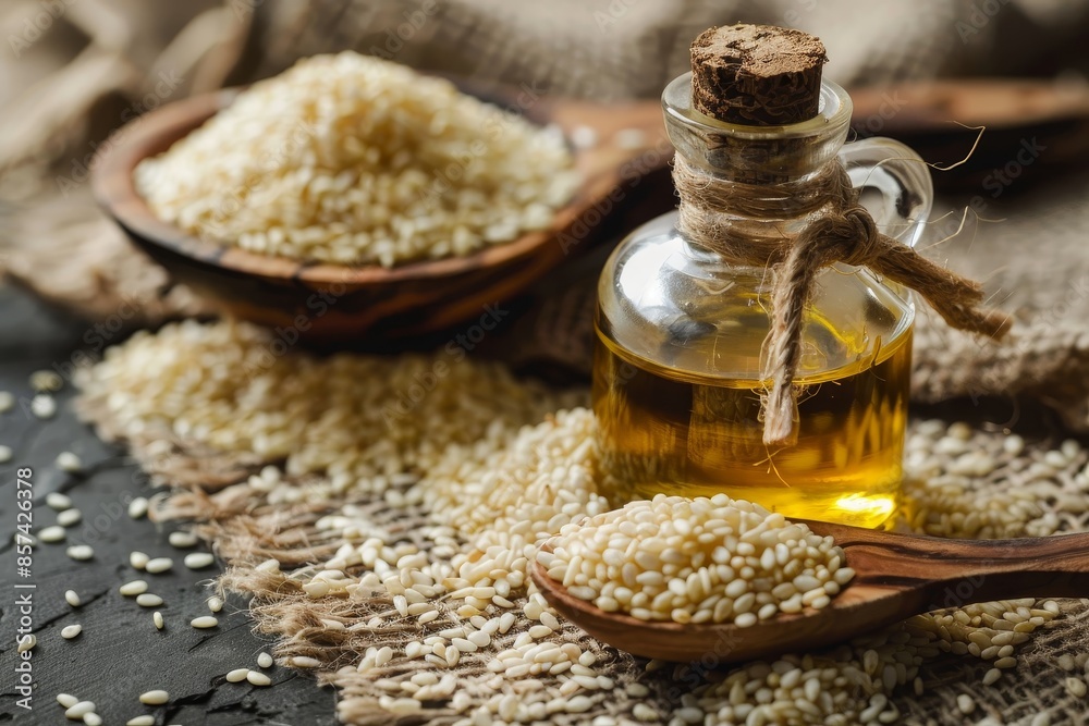 New sesame oil in glass bottle and seeds on wooden spoon close up view New sesame oil in glass bottle and seeds on wooden spoon close up view