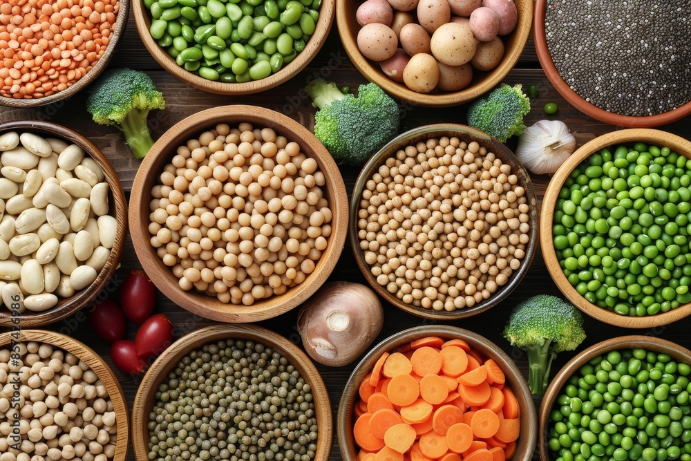 Nutritious vegan diet with plant based protein sources Top view Nutritious vegan diet with plant based protein sources Top view
