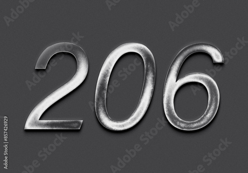 Chrome metal 3D number design of 206 on grey background.