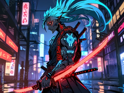 A samurai with neon blue hair and red eyes
