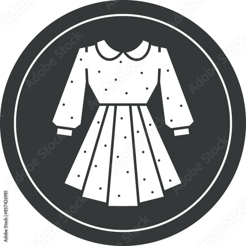 Retro style polka dot print pleated dress with collar icon in round shape with inner frame isolated on white background. Women's fashion look symbol.