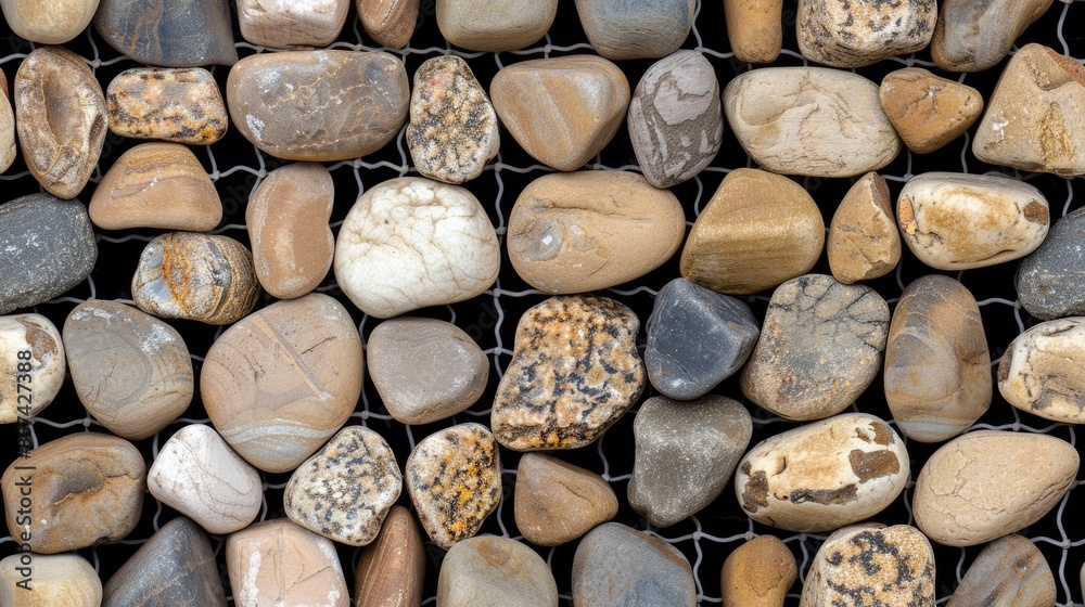 A close-up image of smooth, grey river rocks held in place by a black metal grid SEAMLESS PATTERN A close-up image of smooth, grey river rocks held in place by a black metal grid SEAMLESS PATTERN