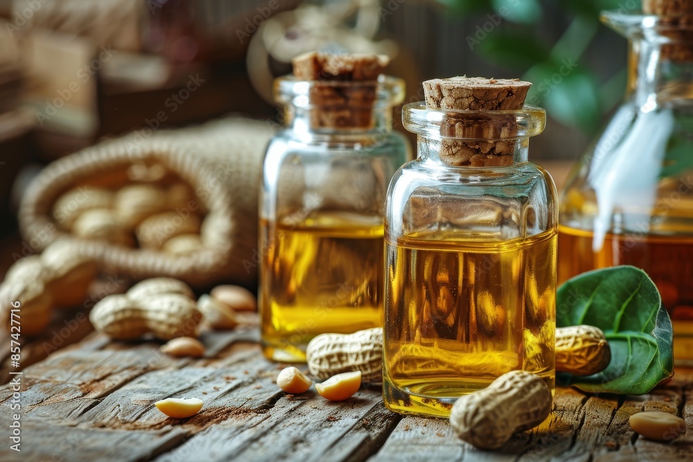 Organic vegetable oils for cooking and beauty Peanut nuts used in ingredients Natural oil in glass bottles on rustic wooden background Close up sho Organic vegetable oils for cooking and beauty Peanut nuts used in ingredients Natural oil in glass bottles on rustic wooden background Close up sho
