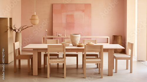 Minimalist dining room with light wood furniture and peach walls evokes a serene and stylish atmosphere. 