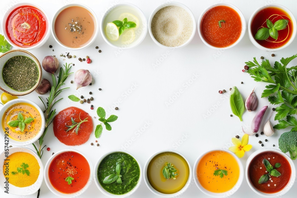 Overhead view of different soups veggies and room for text on white backdrop Nutritious meal Overhead view of different soups veggies and room for text on white backdrop Nutritious meal