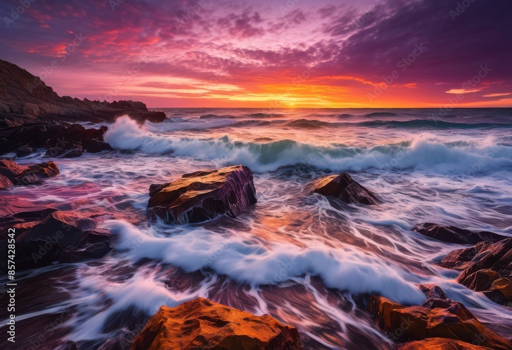 powerful waves crashing rocky beach scenic seascape view, ocean, rocks, shore, coastline, cliffs, water, rugged, boulders, dynamic, natural, outdoors, landscape