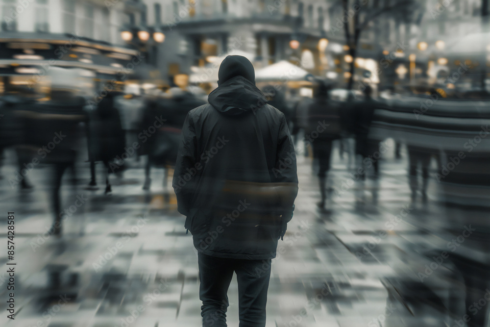 Fototapeta premium Lonely man on a busy city street. People walk past him. Photo generated using AI
