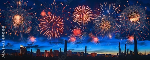 Sophisticated fireworks display over a graphic Tucson city outline for a festive 4th of July, set against a dark blue sky.