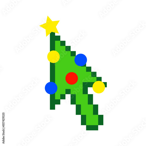 Tiempo de Navidad. Logo con puntero de mouse con forma de flecha como árbol de navidad con estrella y bolas de navidad