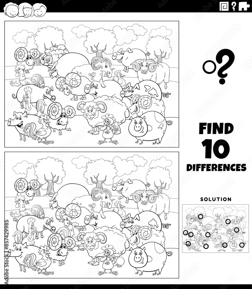 differences activity with cartoon farm animals coloring page