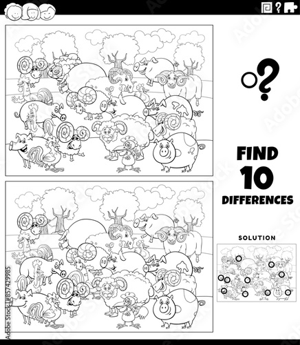 differences activity with cartoon farm animals coloring page