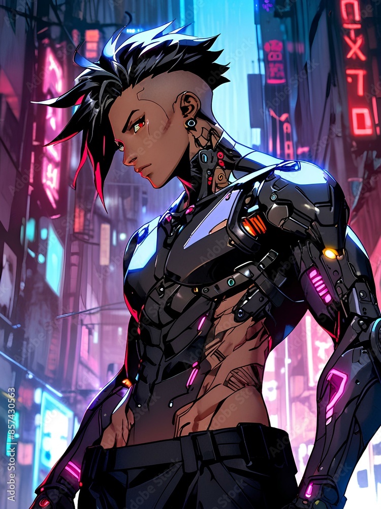 Stylish manga character design, exudes a futuristic aesthetic with a punk twist
Stylish manga character design, exudes a futuristic aesthetic with a punk twist