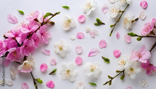 beautiful spring tree blossoms and petals on white background flat lay
