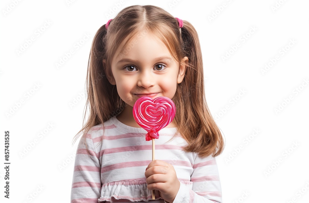 A happy girl holding heart-shaped lollipop isolated on white background A happy girl holding heart-shaped lollipop isolated on white background