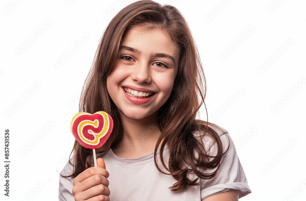 A happy girl holding heart-shaped lollipop isolated on white background A happy girl holding heart-shaped lollipop isolated on white background